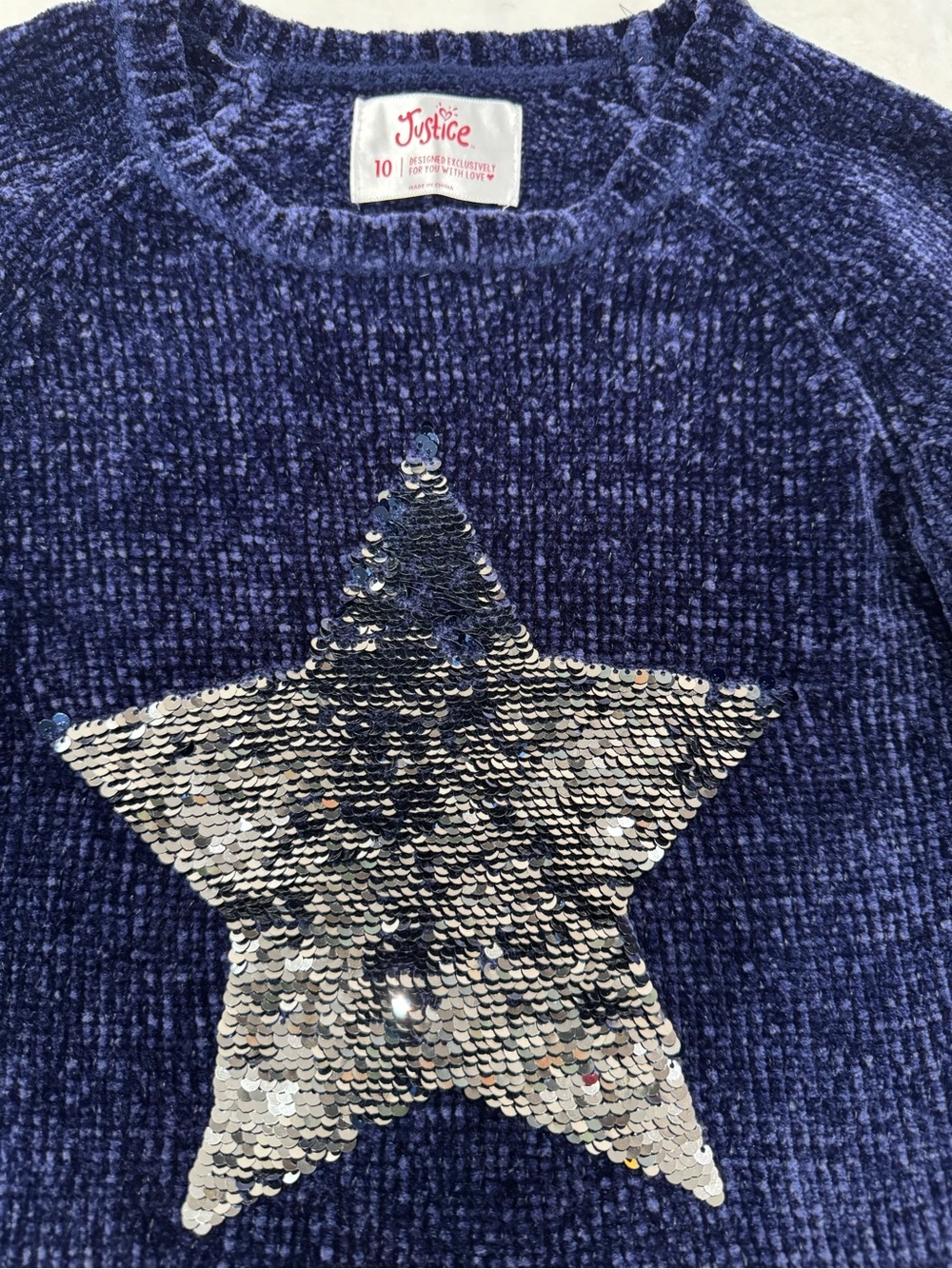 Justice Navy Chenille Sweater with Silver Sequin Star